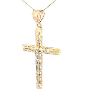 10K Real Gold Two-Tone Crucifix Tubing Cross Big Charm with Box Chain