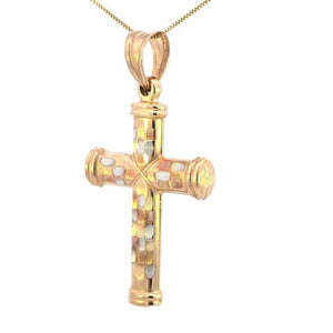 10K Real Solid Gold Tri Color Cross Big Reversible Medium Charm with Box Chain