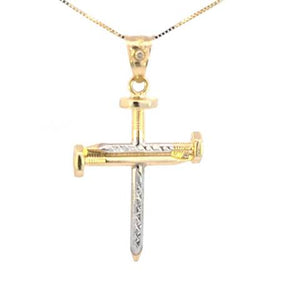 10K Real Gold Two Tone Screw Nail Cross CZ Charm with Box Chain