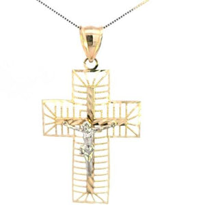 10K Real Gold Two Tone Medium Cross Charm with Box Chain