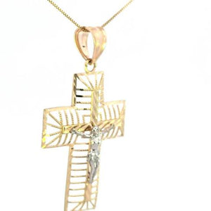 10K Real Gold Two Tone Medium Cross Charm with Box Chain