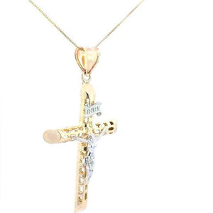 10K Real Gold Two-Tone "INRI" Jesus Hollow Tube Cross Charm with Box Chain