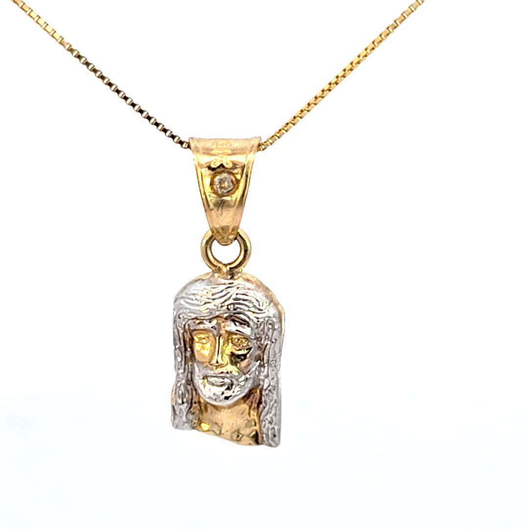 10K Real Two Tone Gold CZ Medium Jesus Face Charm with Box Chain