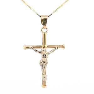 10K Real Gold Two Tone Jesus Cross Medium Charm with Box Chain