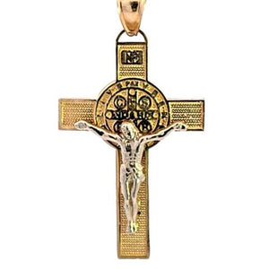 10K Real Gold Two Tone Saint Benedict Medal Crucifix Cross Charm with Box Chain
