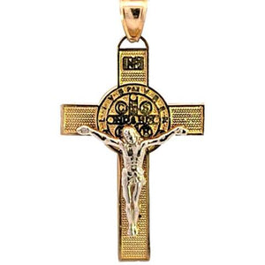 10K Real Gold Two Tone Saint Benedict Medal Crucifix Cross Charm with Box Chain