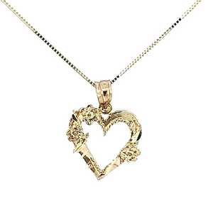 10k Real Solid Yellow Gold D.C Heart with 3 Flower Pendant with Box Chain