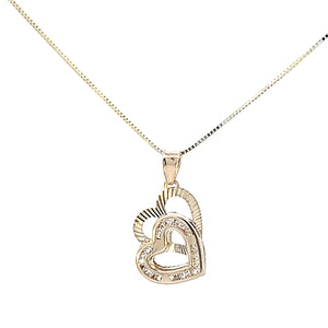 10K Solid Real Gold Valentine Twin Heart with CZ Charm/Pendant with Box Chain