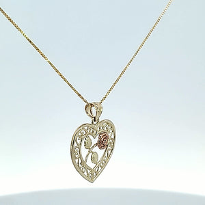10K Solid Real Gold Valentine Tri-Color Heart With Rose Flower Charm/Pendant with Box Chain