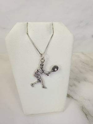 925 Sterling Silver (Made in Italy) Tennis Player Game Charm with Box Chain
