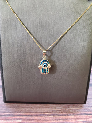 10K Real Solid Gold Evil Eye Hamsa (Blue) small Charm with Box Chain