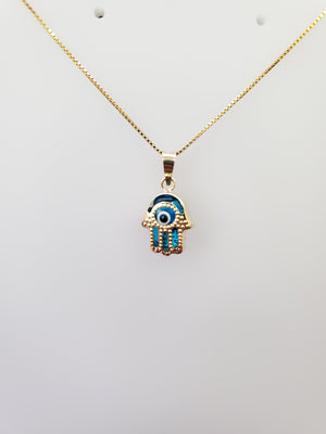 10K Real Solid Gold Evil Eye Hamsa (Blue) small Charm with Box Chain