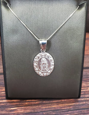 925 Sterling Silver Mother Mary Pendant Charm with Box Chain (Made in Italy)