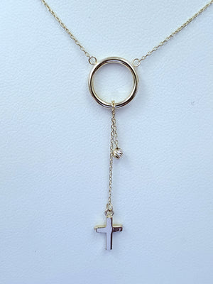 14K Solid Yellow Gold Cross and Moon Charm Cable Link Necklace
