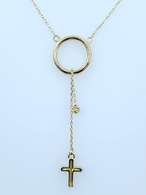 14K Solid Yellow Gold Cross and Moon Charm Cable Link Necklace