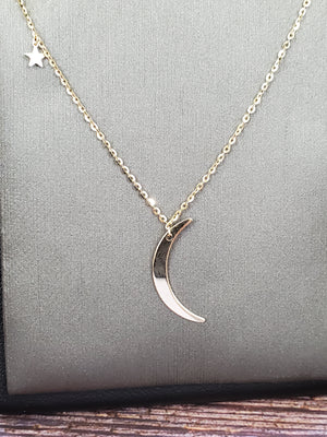 14K Solid Yellow Gold Moon and Stars Charm with Cable Link Necklace