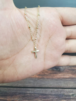 14K Solid Yellow Gold Cross Charm Cable Link Necklace with Beads