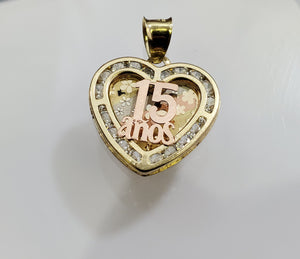 10K Solid Real Tri Color Gold 15 Anos Heart Cz Pendant Charm with Box Chain