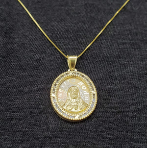 10K Solid Real Tri Color Gold Oval Jesus Face CZ Pendant Charm with Box Chain