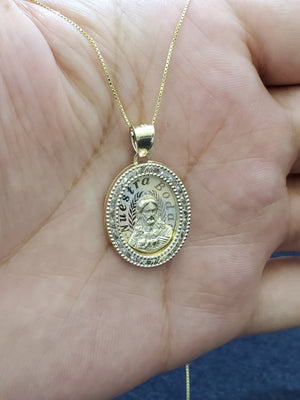 10K Solid Real Tri Color Gold Oval Jesus Face CZ Pendant Charm with Box Chain