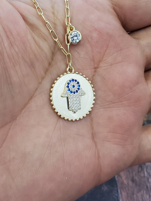 925 Sterling Silver Gold Hamsa sapphire CZ on Round Disc with RD Bezel Cz Necklace 18"