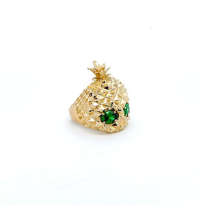 10K Real Gold Pineapple Skull with Green CZ Ring