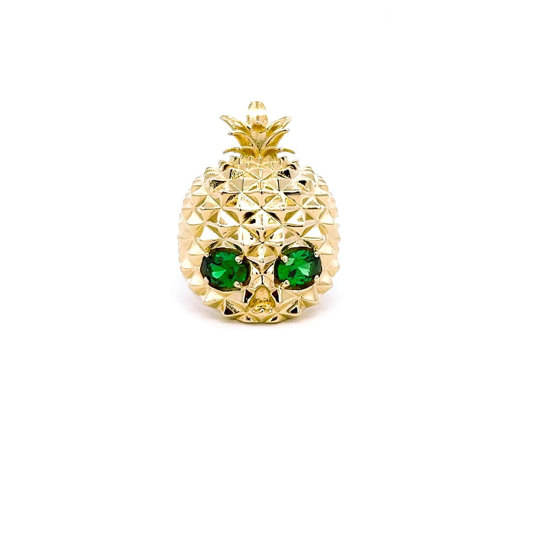 10K Real Gold Pineapple Skull with Green CZ Ring