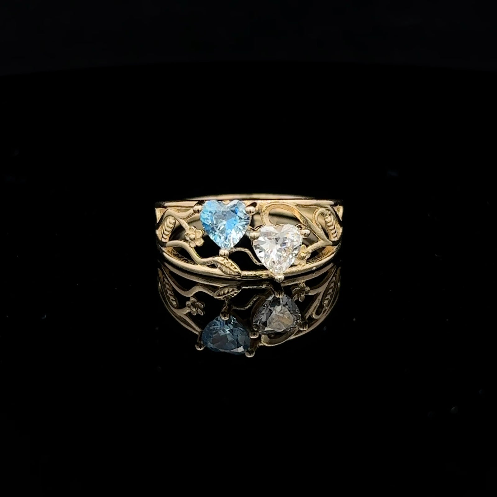 10K Real Gold 2 Hearts Leave Design CZ Ring