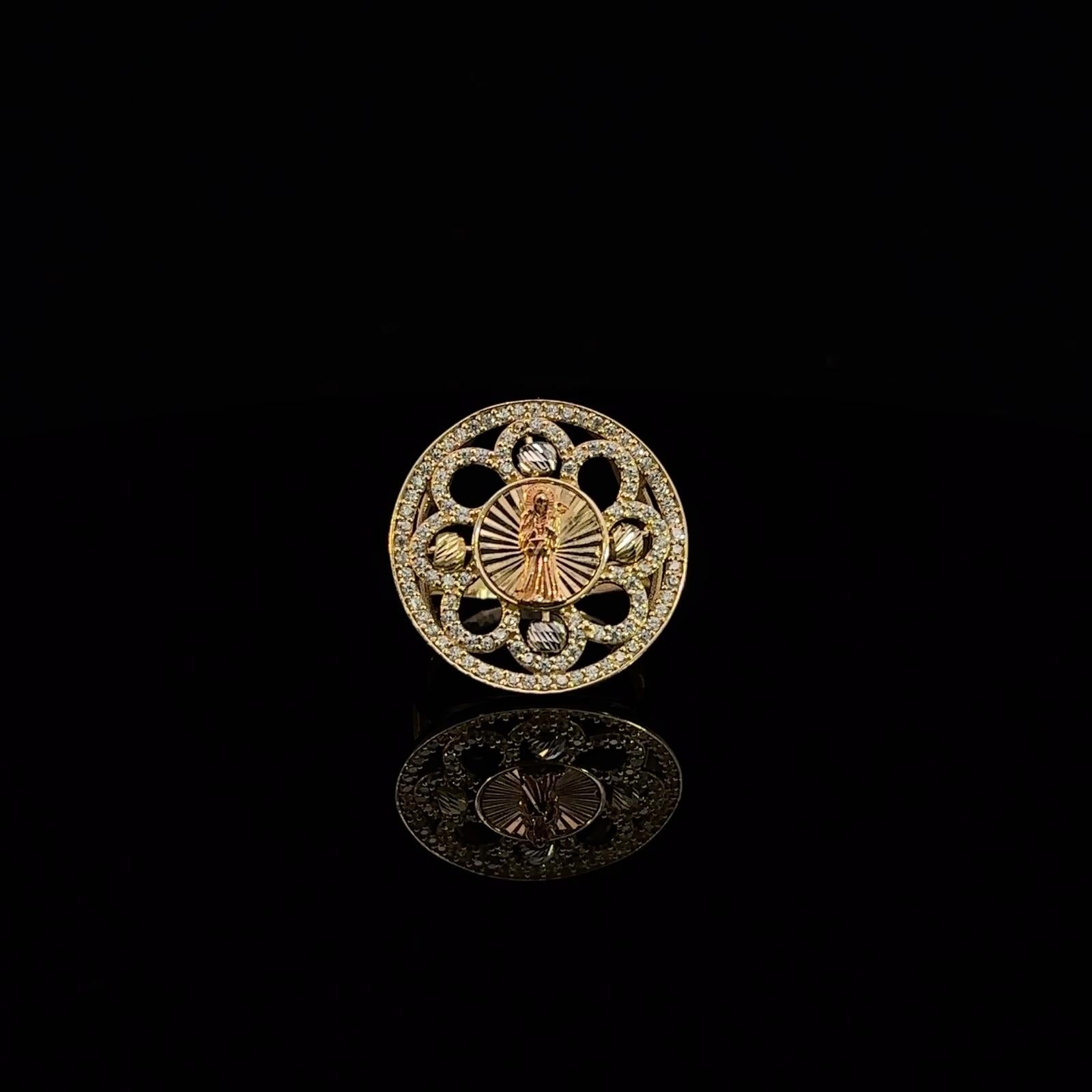 10k Real Gold Santa Muerte 2 Tone Flower Design Round CZ Ring