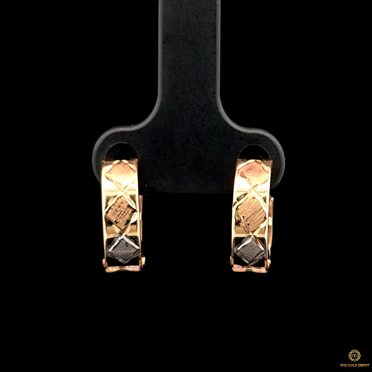 10K Real Gold Tri Color Triangle Pattern With Backside CZ Hoop Earrings