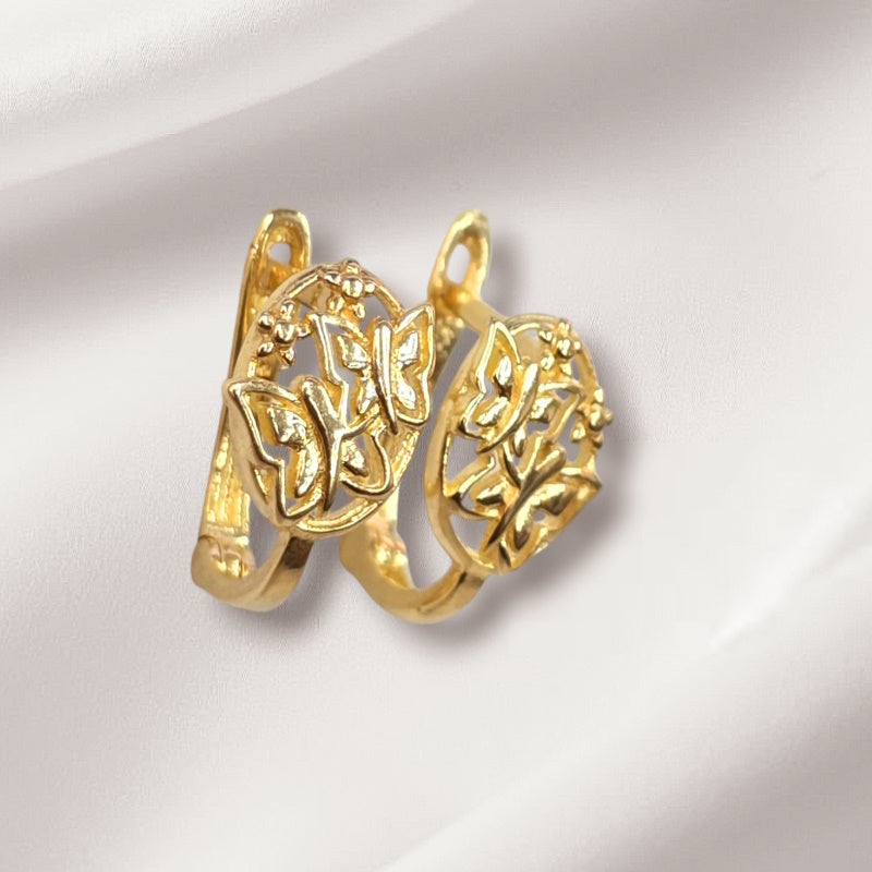 10K Real Gold Butterfly Design Round Small Earrings With French clip