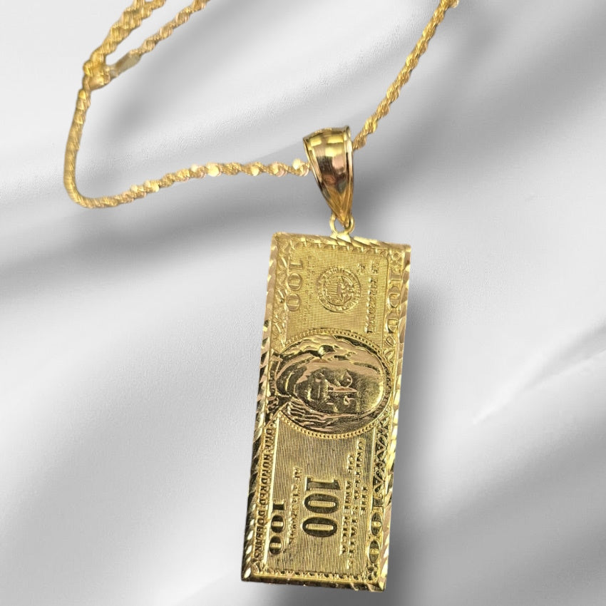 10K Real Gold Big Hundred (100) Dollar Bill Charm With Rope Chain