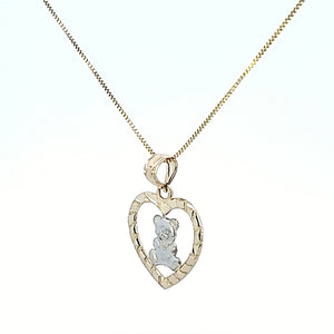 10K Solid Real Gold Valentine Two Tone Heart with Teddy Bear Charm/Pendant with Box Chain