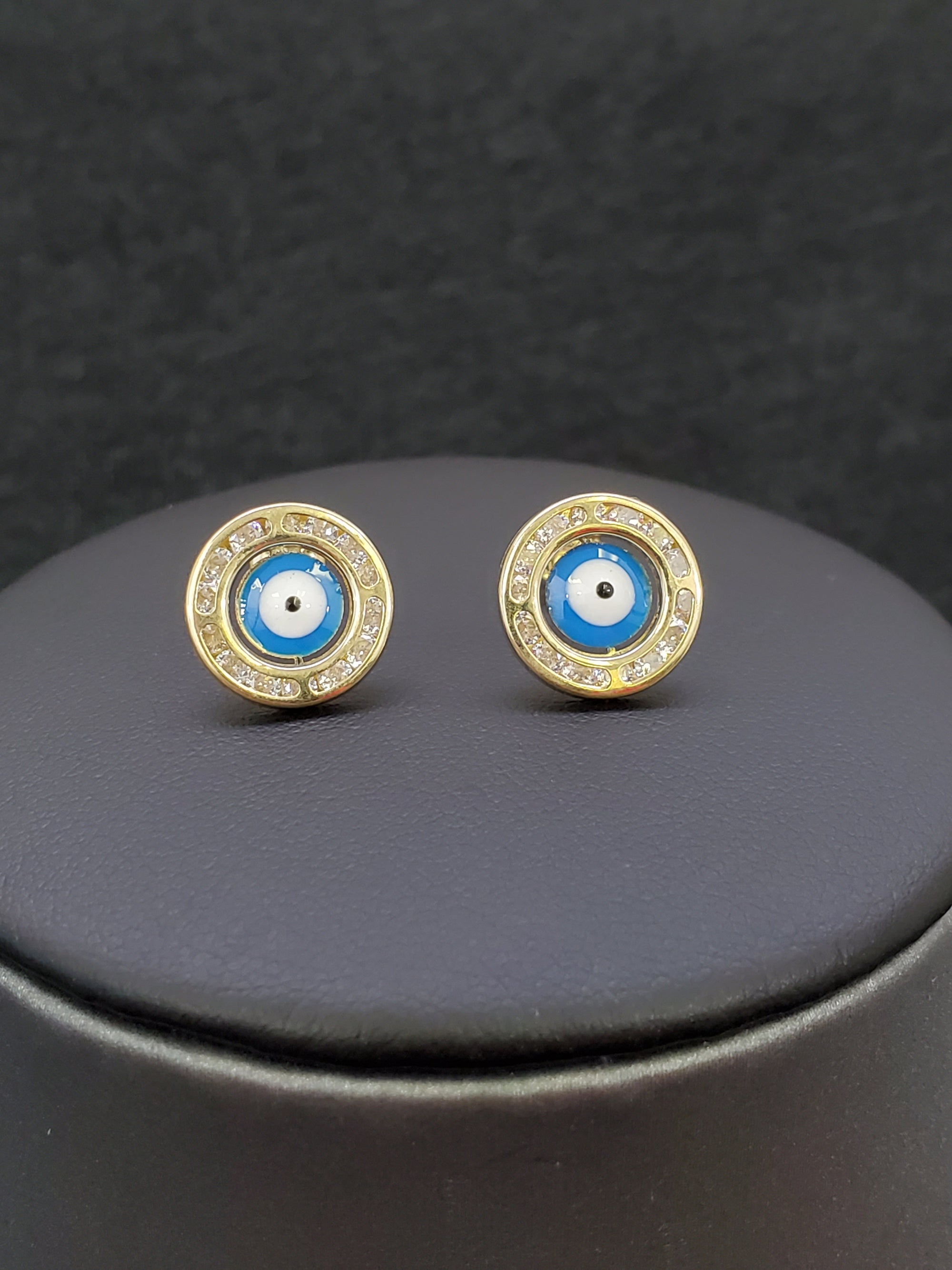 10K Solid Real Yellow Gold Cz Evil Eye Earring