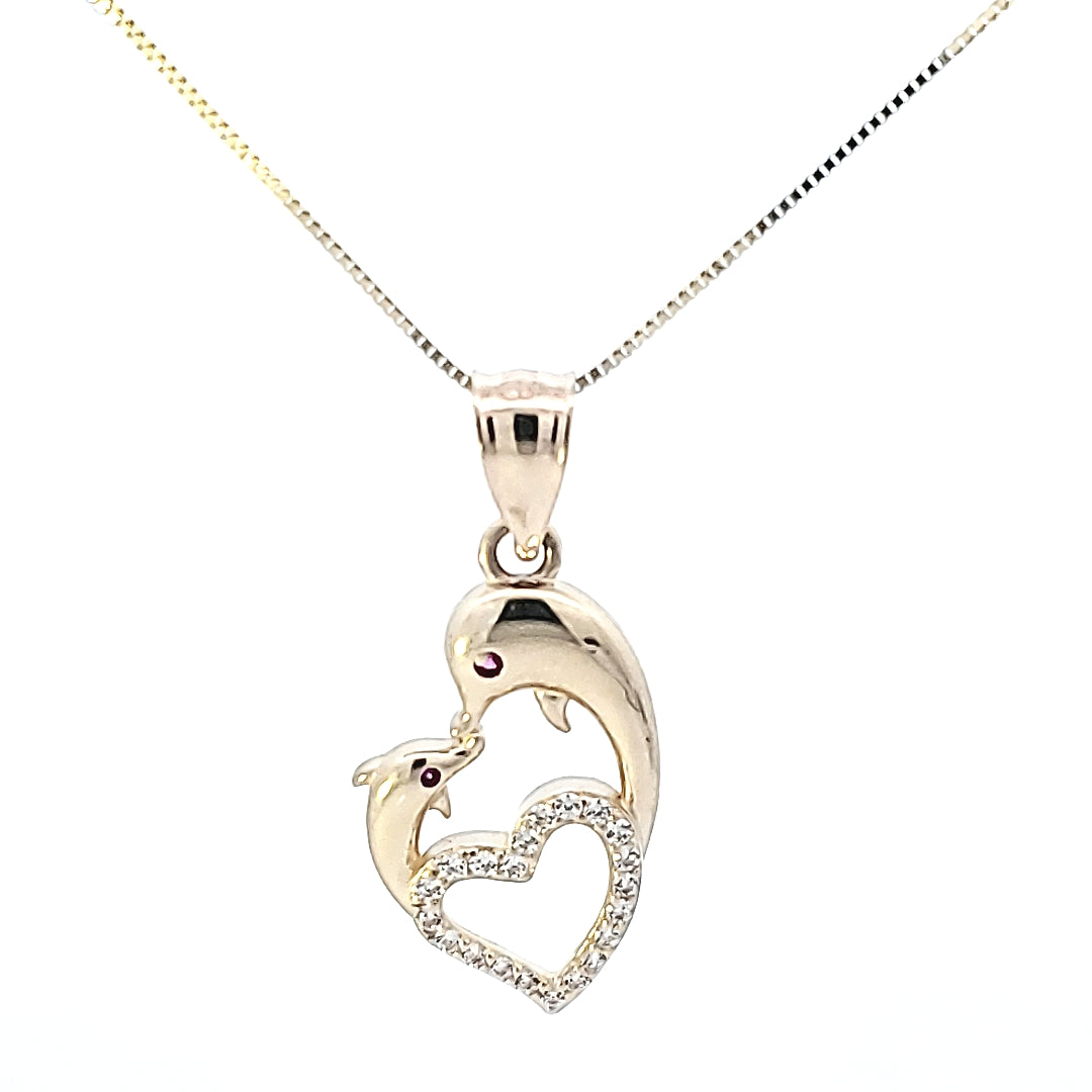 10K Solid Real Gold Couple Dolphin with Heart Cz Charm/Pendant with Box Chain