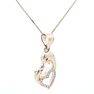 10K Solid Real Gold Couple Dolphin with Heart Cz Charm/Pendant with Box Chain
