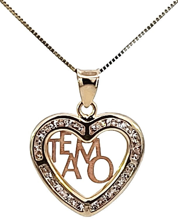10k Real Solid Gold Tri Color Te Amo Name Cz Heart Charm/Pendant with Box Chain