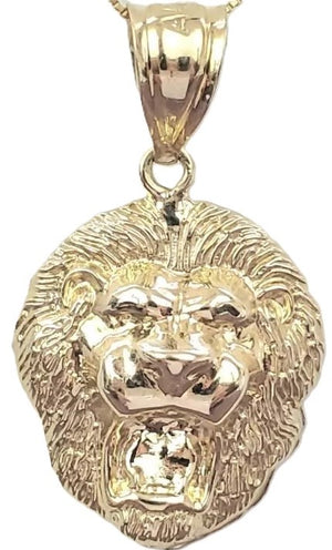 10K Solid Yellow Gold Lion Face Pendant Charm with Box Chain