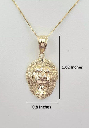 10K Solid Yellow Gold Lion Face Pendant Charm with Box Chain