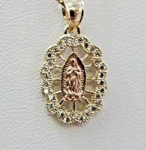 10K Real Gold Two Tone Oval Mother Mary CZ Pendant Charm with Box Chain