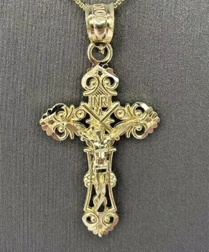 10K Real Gold Jesus Crucifix- Flower Design Charm with Box Chain