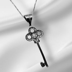 925 Sterling Silver CZ Key Charm/ Pendant With Box Chain