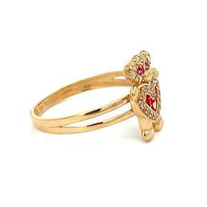 10K Real Gold CZ Teddy Bear With Red Heart Ring