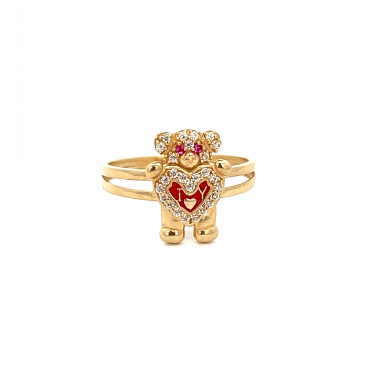 10K Real Gold CZ Teddy Bear With Red Heart Ring