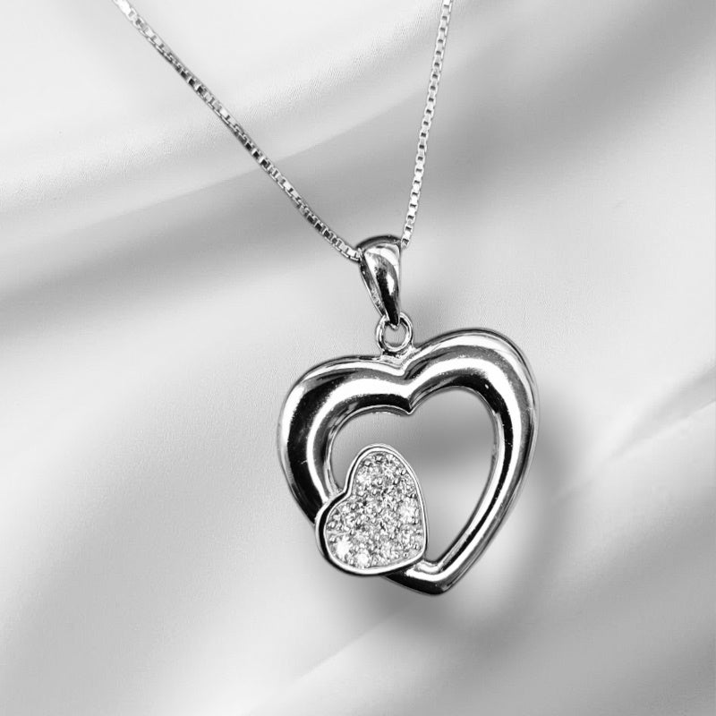 925 Sterling Silver Double Heart Charm/ Pendant With Box Chain