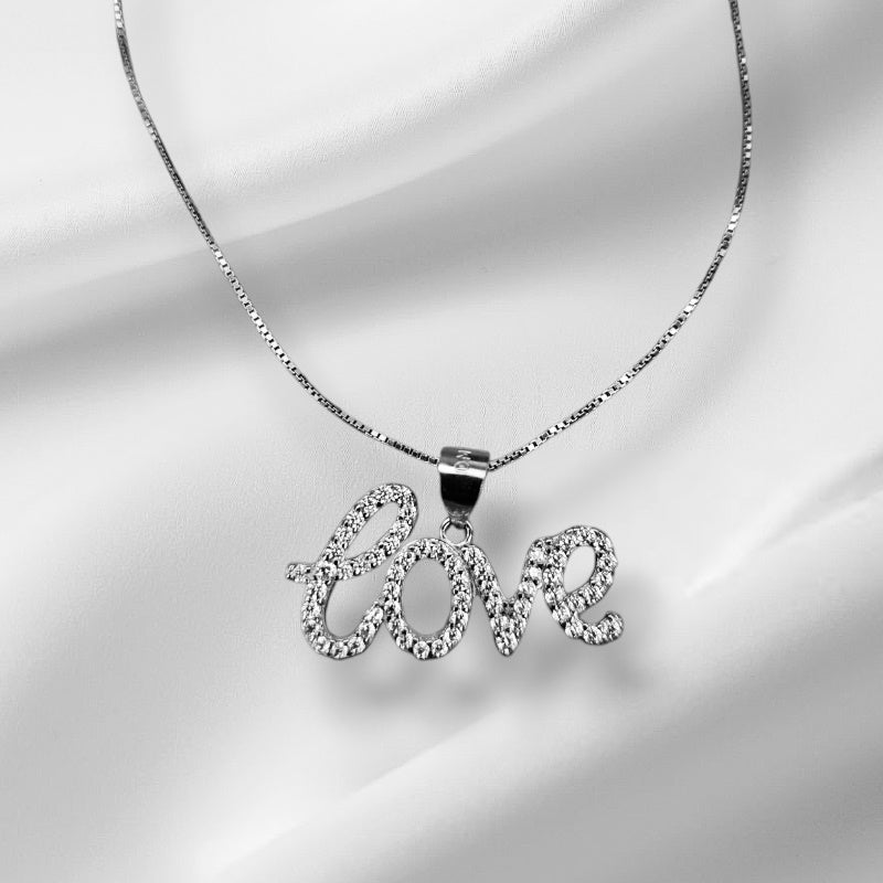 925 Sterling Silver CZ Love Charm/ Pendant With Box Chain