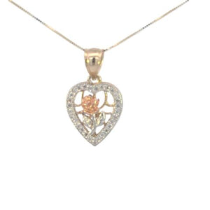 10K Real Gold TC CZ Rose Flower with Leaves In Heart Charm with Box Chain