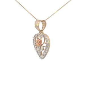 10K Real Gold TC CZ Rose Flower with Leaves In Heart Charm with Box Chain