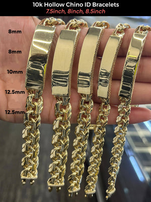 Real 10K Hollow Chino ID Bracelets 8mm, 10mm & 12.5