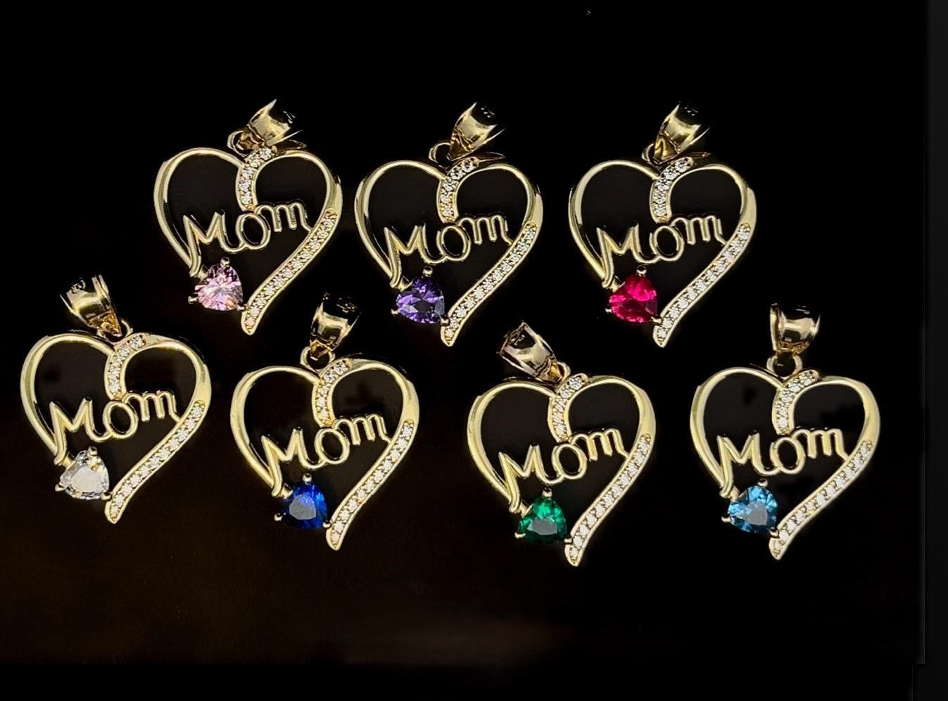 10k Real Yellow Gold Mother's Day Special - Mom Heart Charms with Color CZ